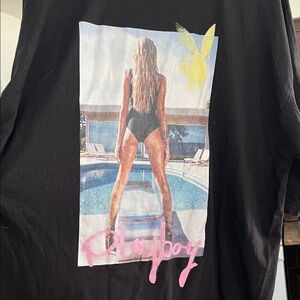 PLAYBOY Black Tee with Poolside Photo and Pink Script